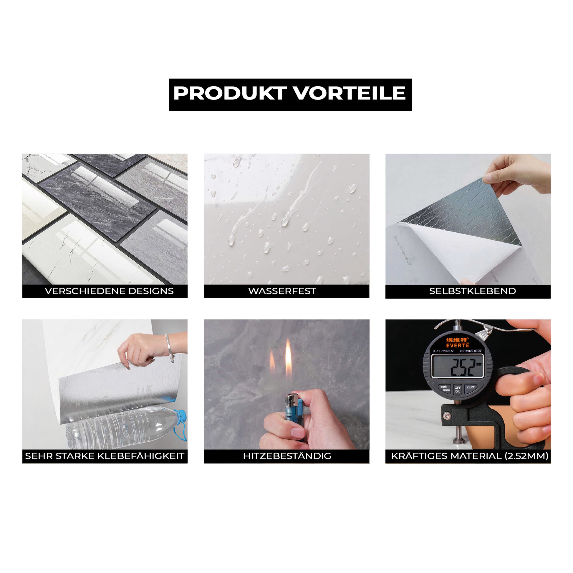 Produktvorteile: selbstklebende Marmoroptik-Fliesen – wasserfest, hitzebeständig, extra stark & 2,52 mm dick – verschiedene Designs